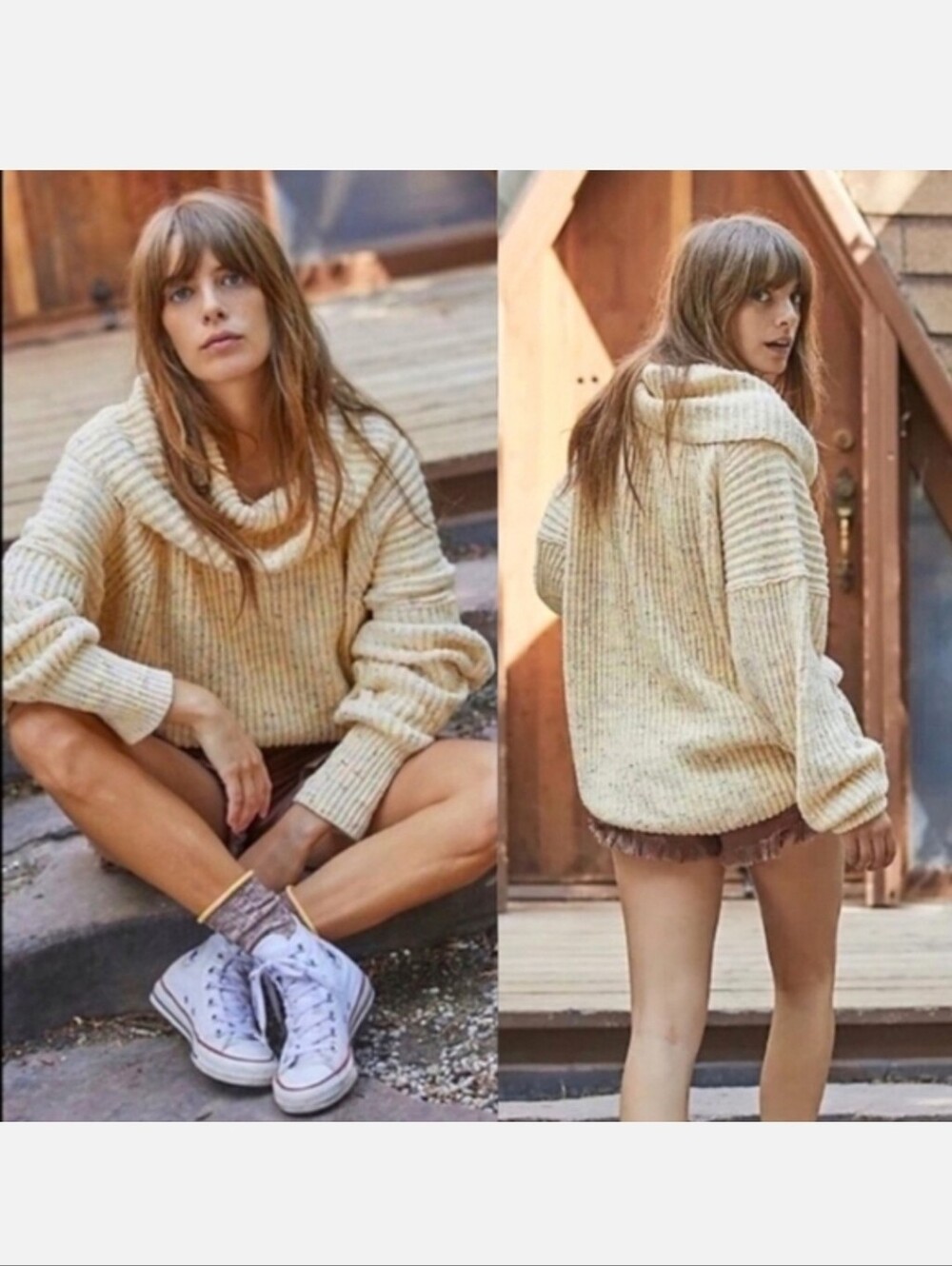 Free People Women's Leo Tunic Ribbed Yellow Confetti Sweater Cowl Oversized Sz S